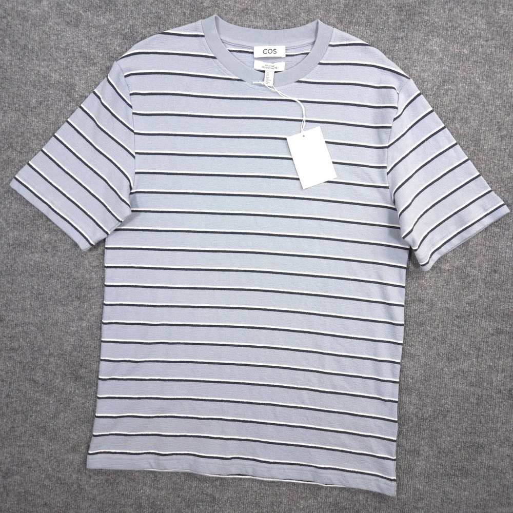 COS T Shirt Mens Medium Blue White Striped Relaxed Fit Short Sleeve Crewneck NEW
